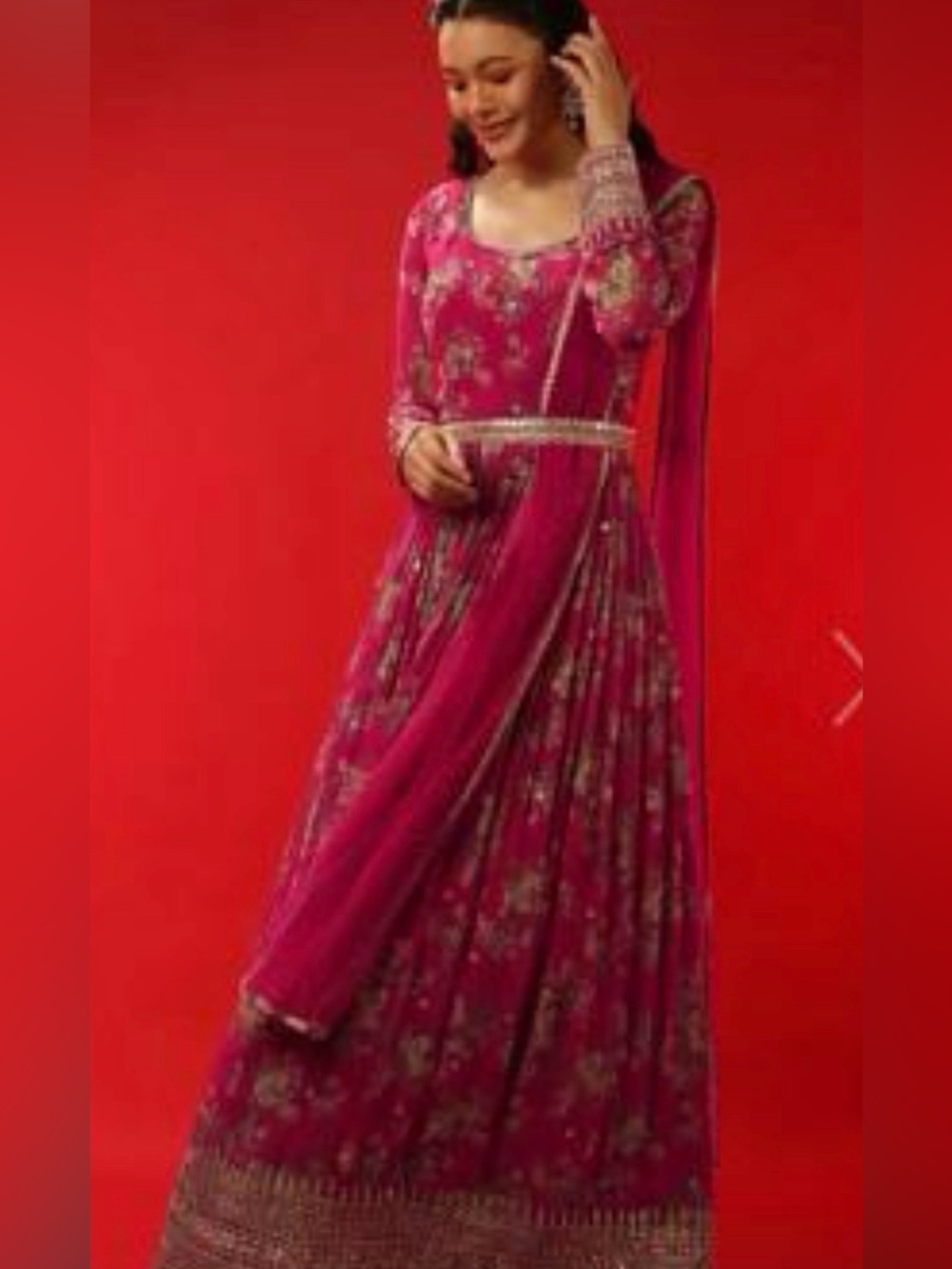 Wedding guest long floral Women's Fuchsia Floral Embroidered Anarkali Dress Medi